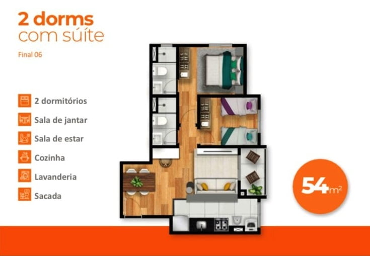 Planta de 54m² do Sindona Central Parque - Apartamentos a venda em Cotia SP