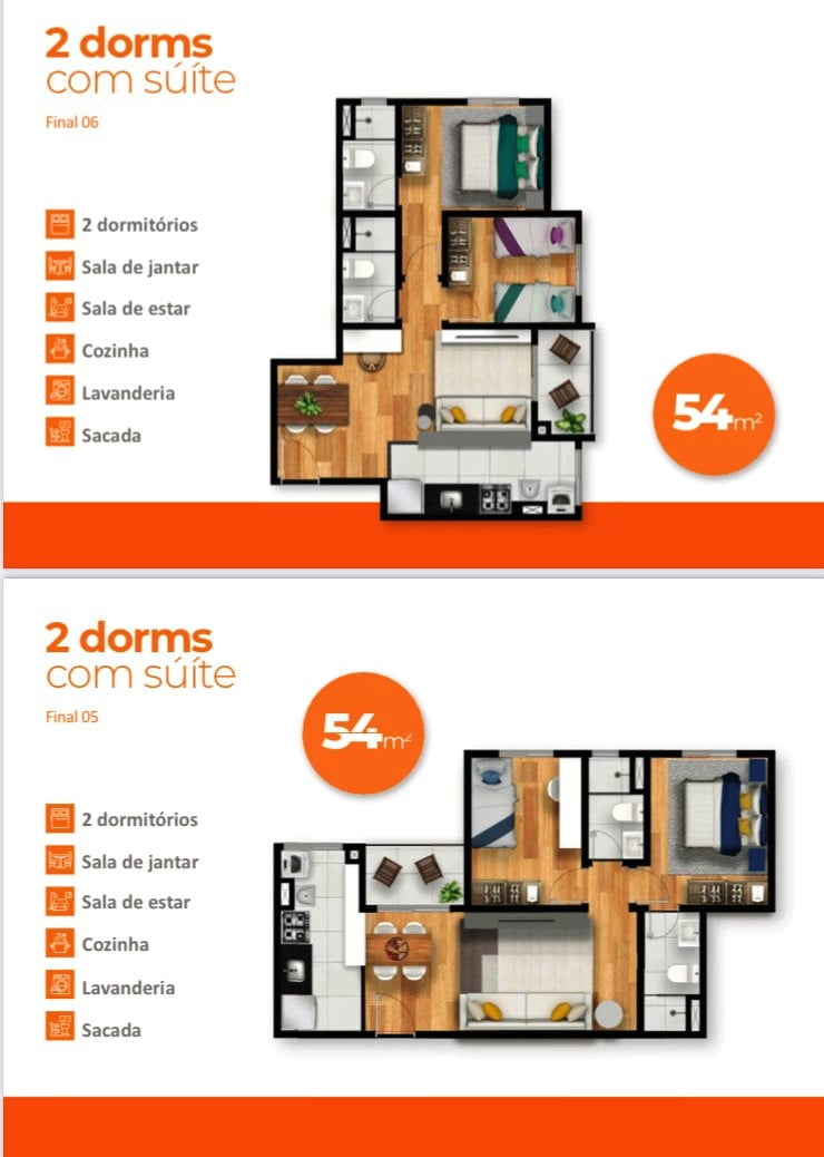 Planta do apartamento de 54m² do Sindona Central Parque em Cotia SP