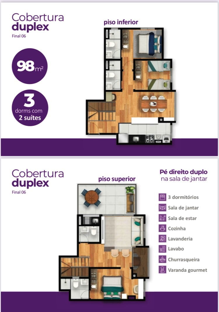 Planta do apartamento de 98m² do Sindona Central Parque em Cotia SP