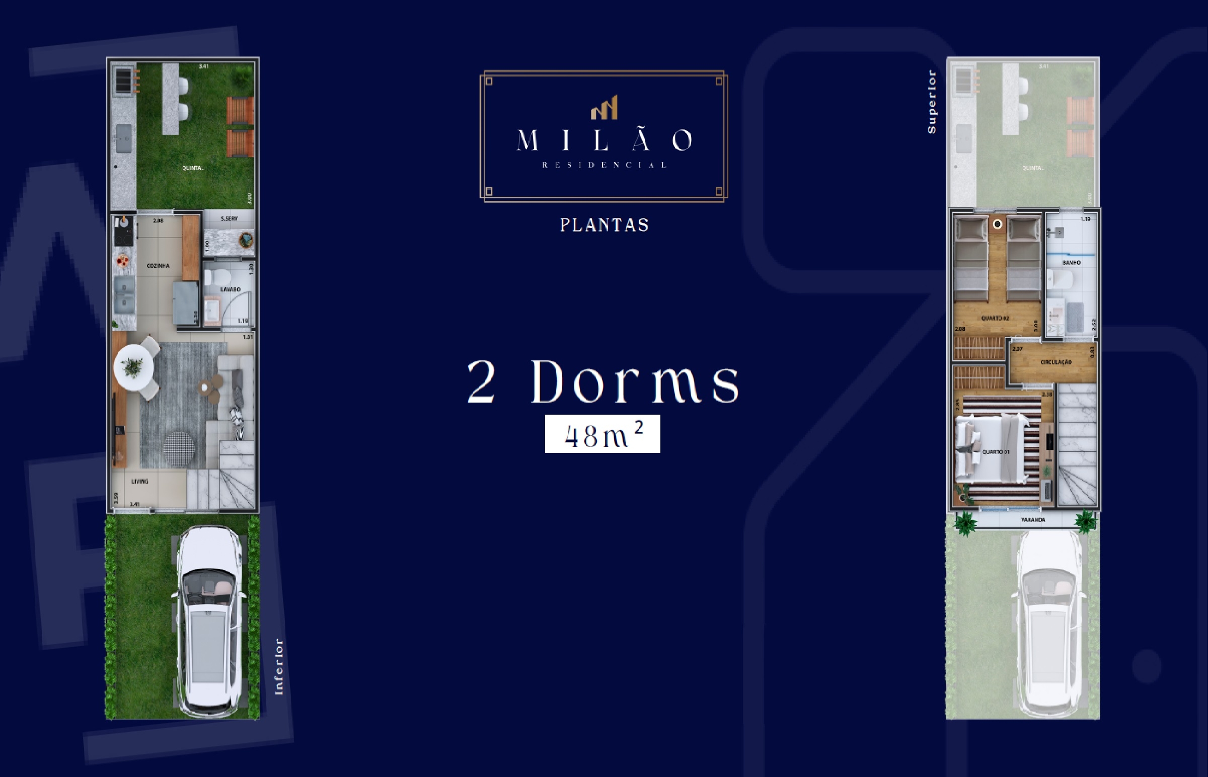 Planta de 48 m² do Residencial Milão casas a venda com 2 e 3 dormitórios na Granja Vianna SP