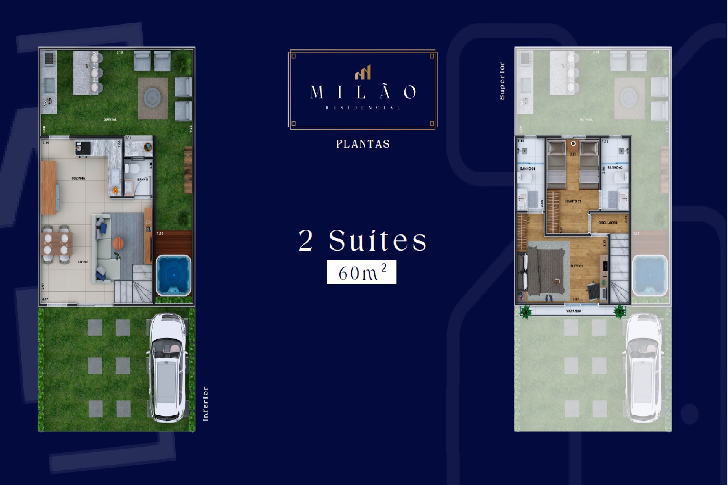 Planta de 60 m² do Residencial Milão casas a venda com 2 e 3 dormitórios na Granja Vianna SP