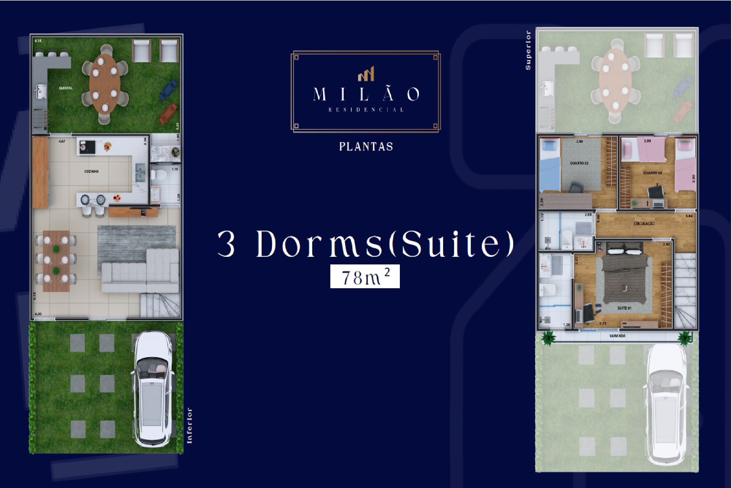 Planta de 78 m² do Residencial Milão casas a venda com 2 e 3 dormitórios na Granja Vianna SP