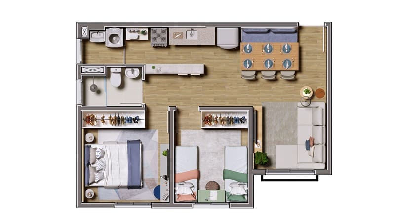 Planta 2 dormitórios do Condomínio Seletto VGP - Apartamentos a venda com 2 e 3 dormitórios em Vargem Grande Paulista