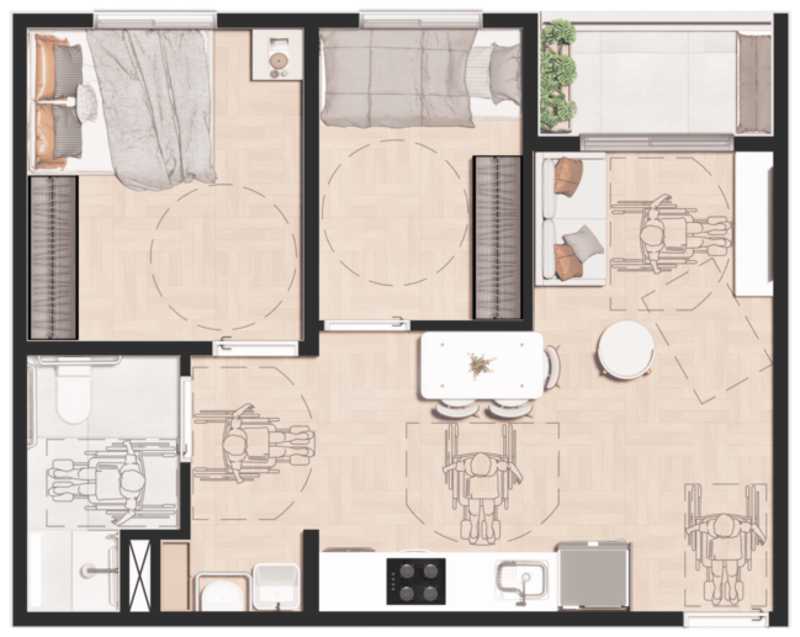 Planta 2 dormitórios com suíte 44 mts tipo 2 PNE - Sou Pleno Cotia