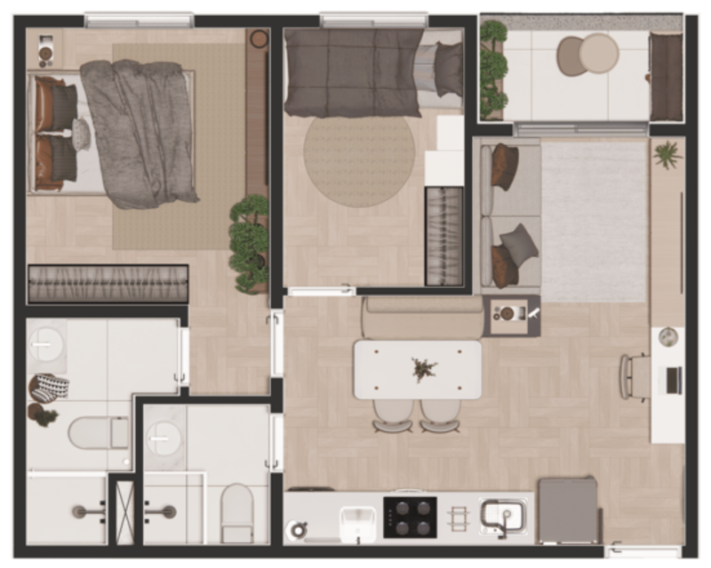 Planta 2 dormitórios com suíte 44 mts tipo 2 - Sou Pleno Cotia