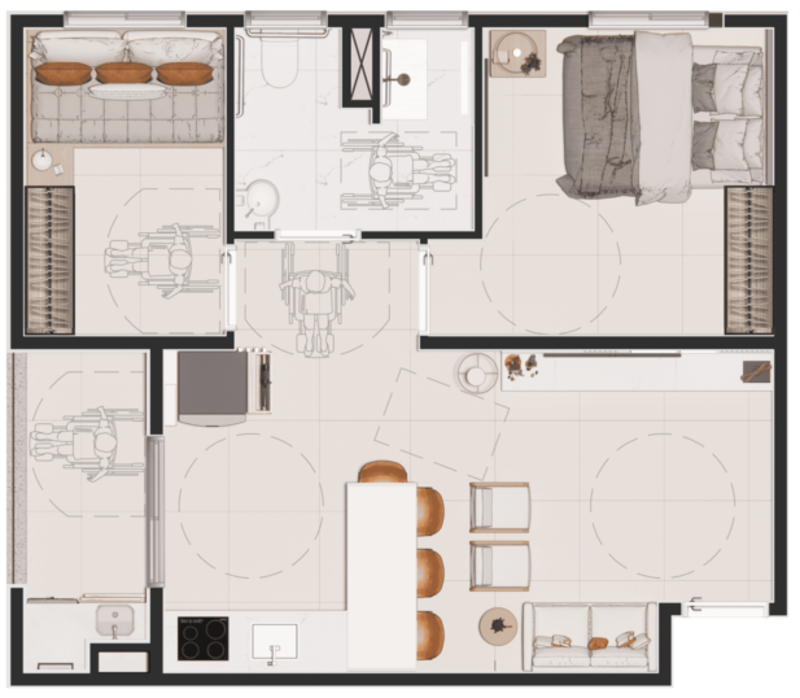 Planta 2 dormitórios com suíte 50 mts tipo 1 PNE - Sou Pleno Cotia